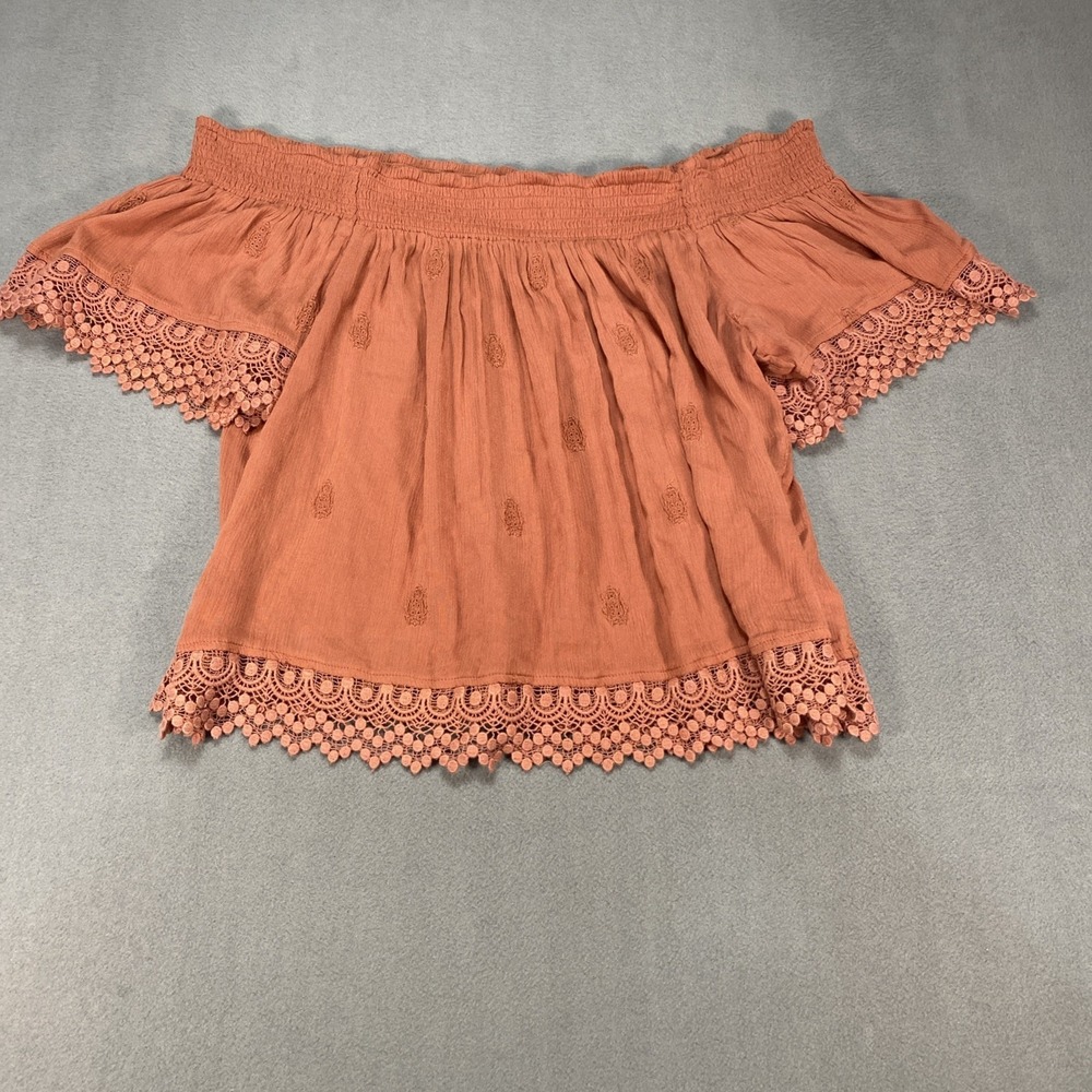 American Eagle Womens Medium Peasant Top Off the Shoulder Lace Trim Burnt Orange